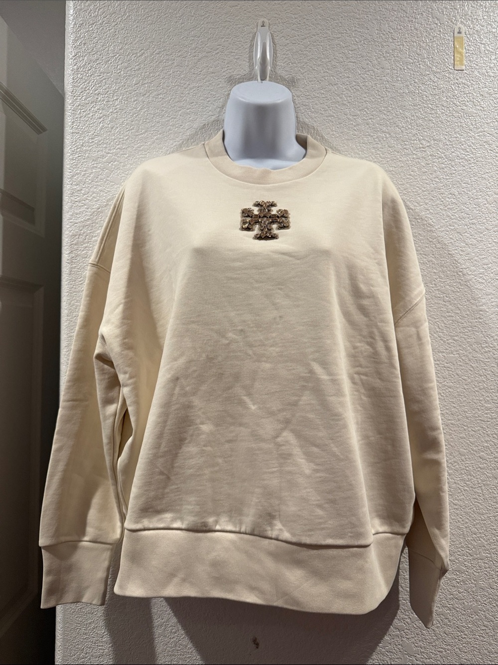 Tory Burch Cream Crewneck Sweatshirt with Embellished Logo